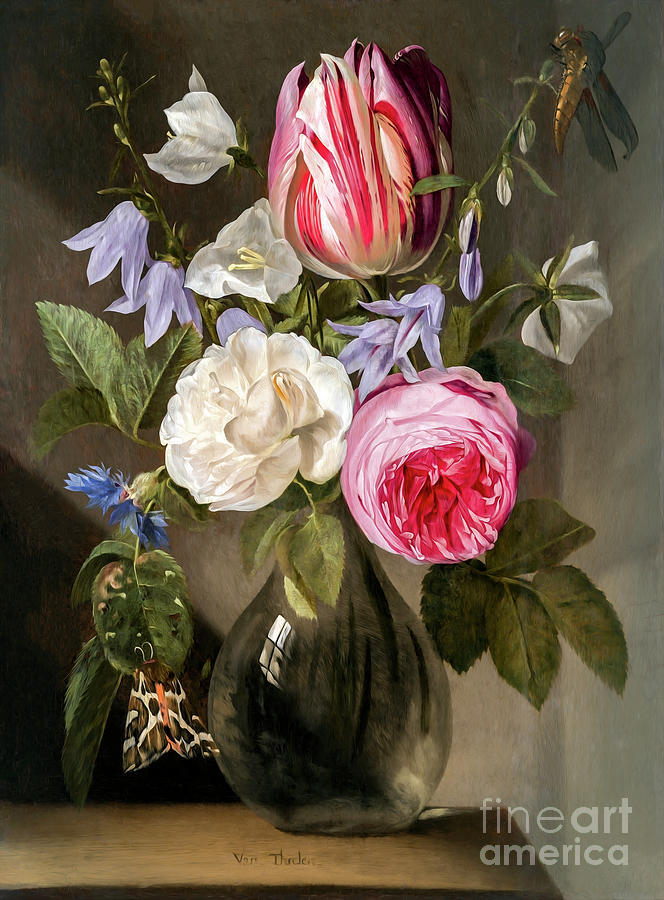 Roses and a Tulip in a Glass Vase by Jan Philips van Thielen Photograph by Carlos Diaz