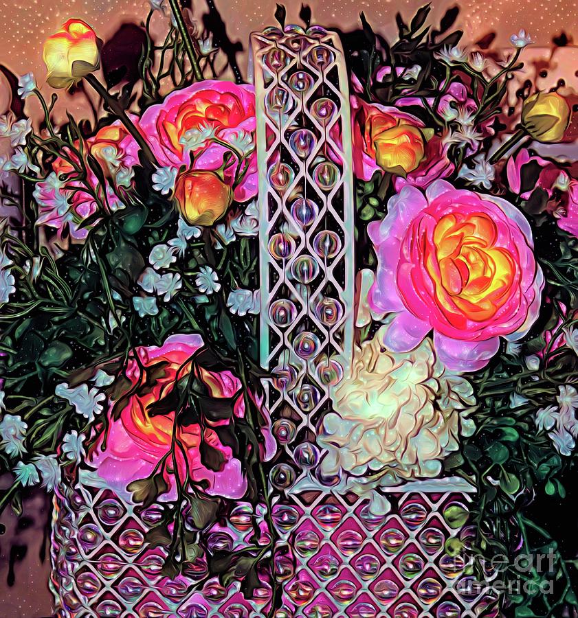 Roses and Babys Breath in a Glass Beaded Basket Expressionist and Glitter Abstract Photograph by Rose Santuci-Sofranko