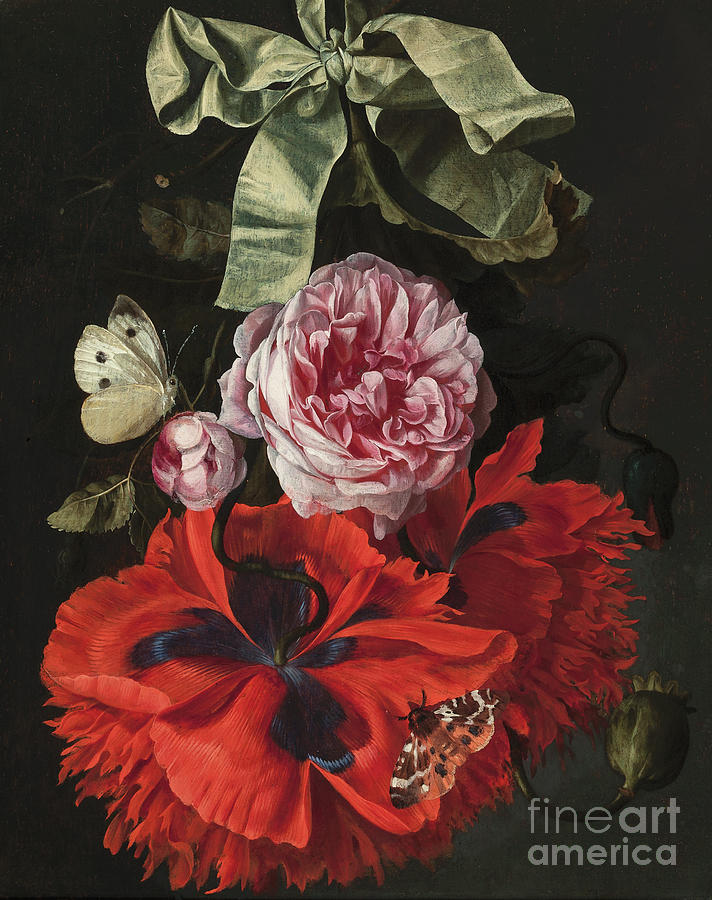 Roses and carnations hanging from a green ribbon with a moth and a butterfly Painting by Maria van Oosterwyck