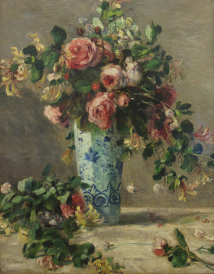 Roses and Jasmine in a Delft Vase Painting by Pierre Auguste Renoir