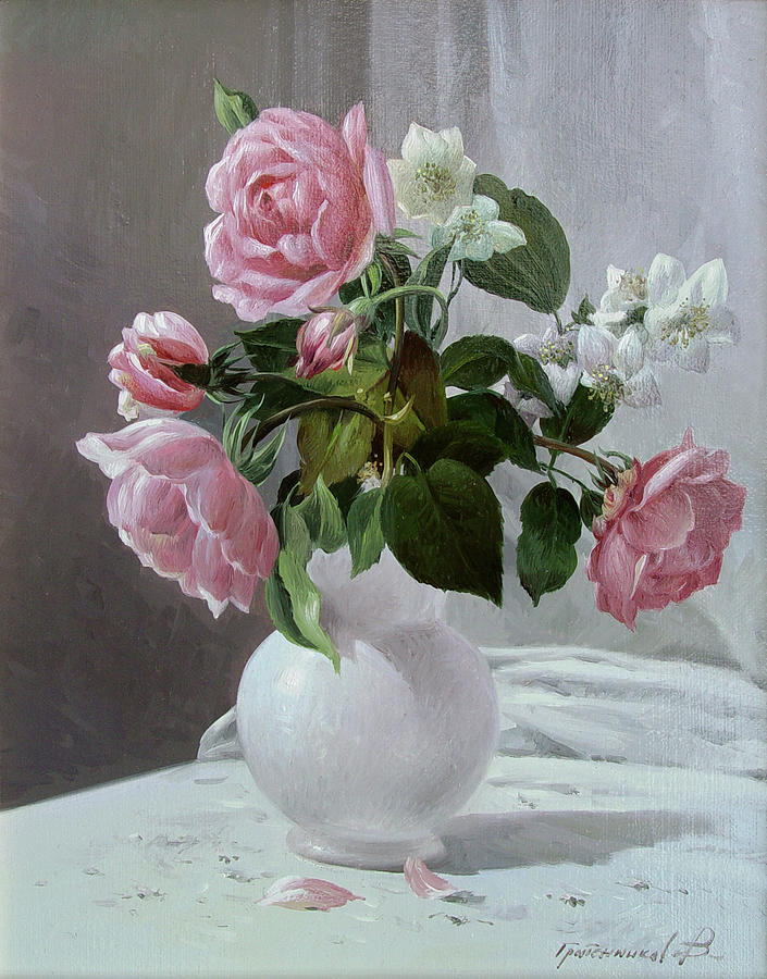 Roses And Jasmine Painting By Vasily Gribennikov - Fine Art America