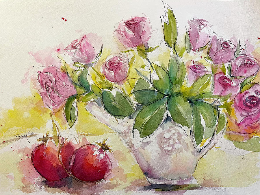 Roses and Pomegranates Painting by Roxy Rich