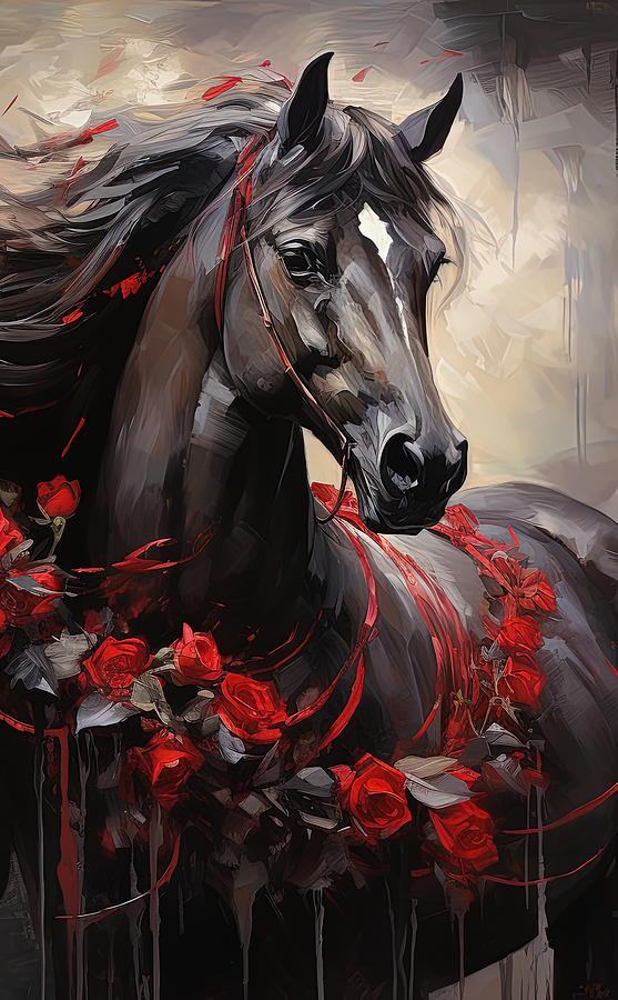 Roses and Thunder - Horse and Roses Art Painting by Lourry Legarde