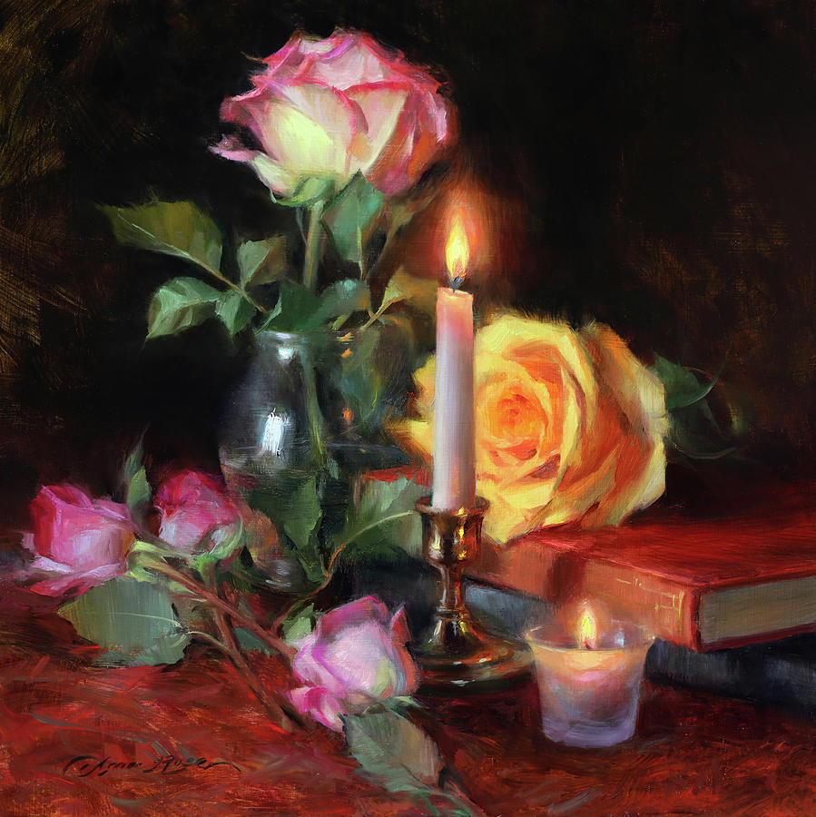 Roses and Two Candles Painting by Anna Rose Bain