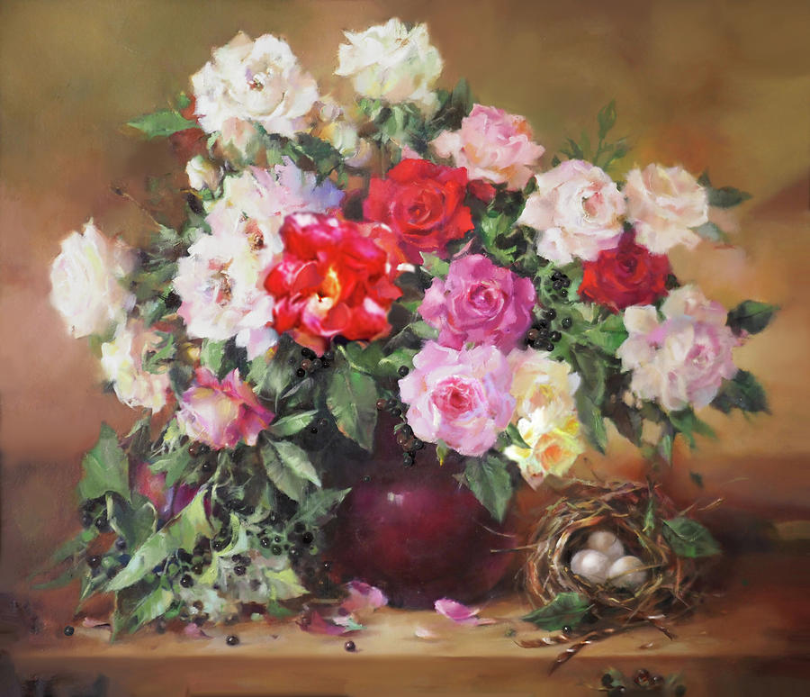 Flower Painting - Roses, berries and nest by Valentina Ragsdale