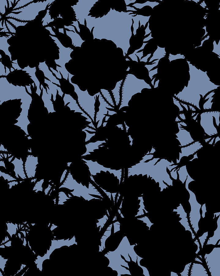 Roses Black Ink Silhouettes Of Flowers On Soft Dusty Vintage Blue Painting