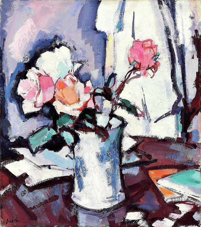 Roses in a blue and white jar - Digital Remastered Edition Painting by Samuel John Peploe