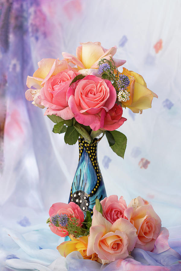 Roses in a Blue Vase Photograph by Vanessa Thomas