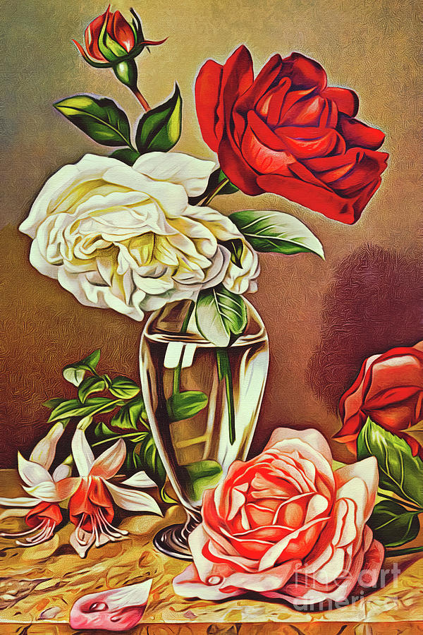 Roses in a Glass Vase Digital Art by Denise Dundon