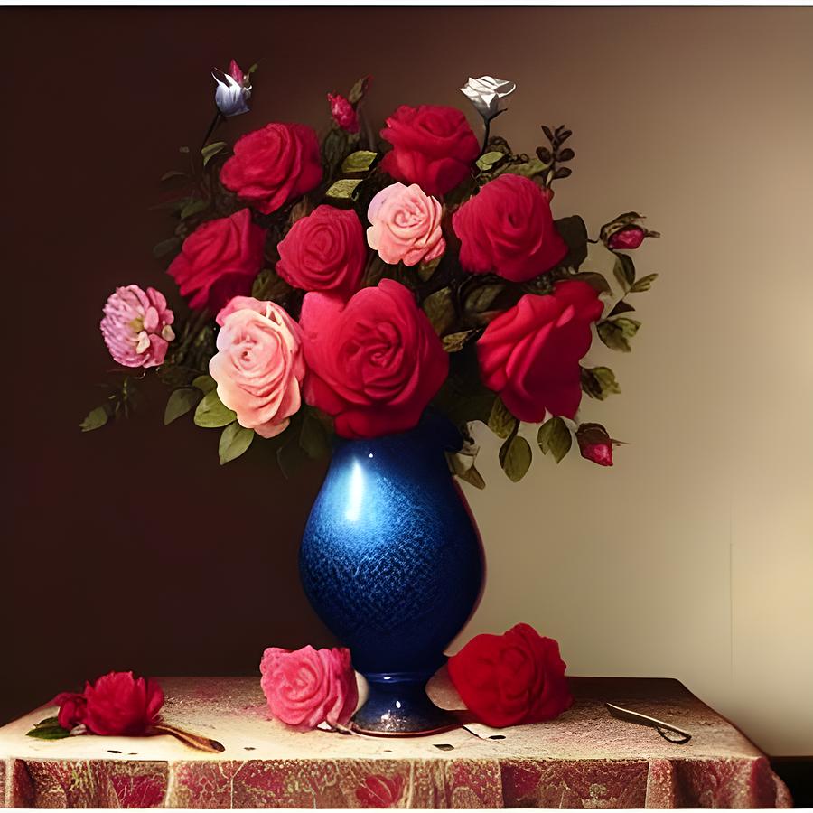 Roses in Blue Vase Digital Art by Katrina Gunn