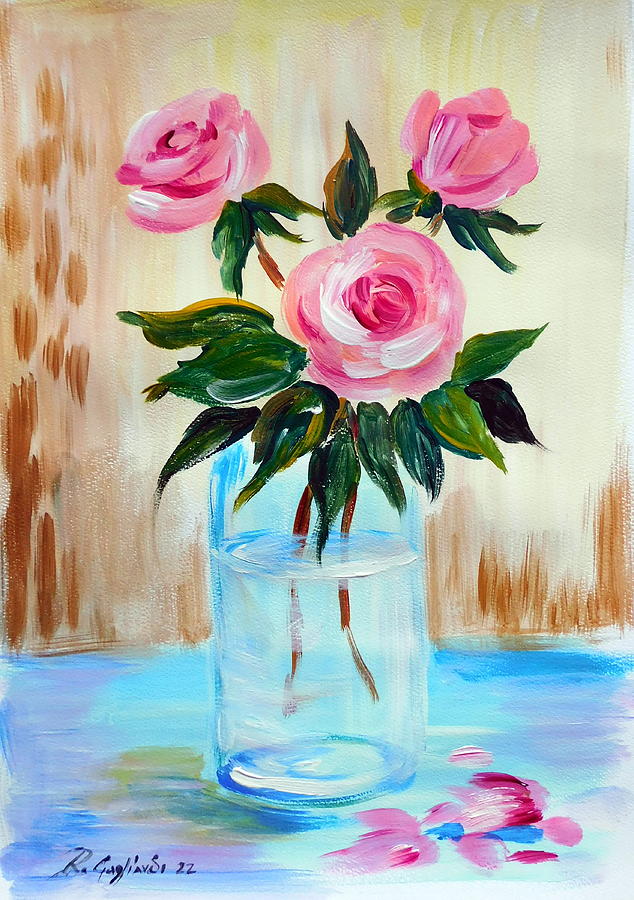 Roses in clear vase Painting by Roberto Gagliardi