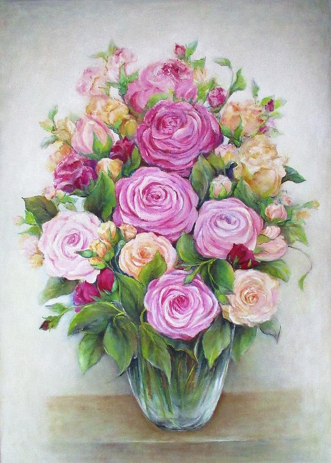 Roses In Glass Vase  Painting by Barbara Anna Cichocka