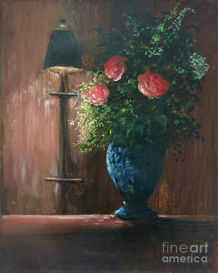 Roses In A Blue Vase Painting