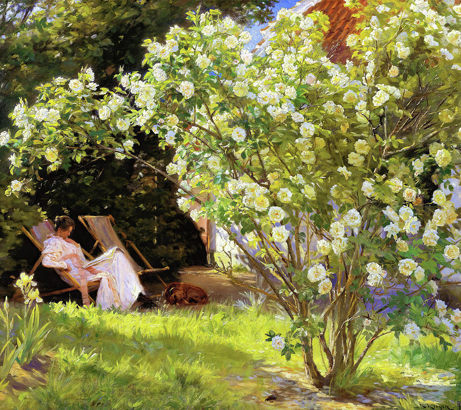 Peder Severin Kroyer Painting - Roses. Marie Kroyer seated in the deckchair in the garden by Mrs Bendsens house 1893 by Peder Severin Kroyer