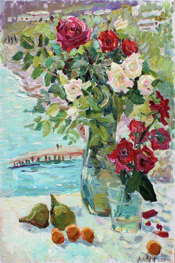 Roses on the background of gurzuf Painting by Juliya Zhukova