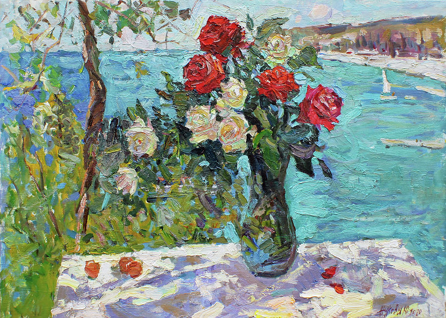Roses on the background of the black sea Painting by Juliya Zhukova