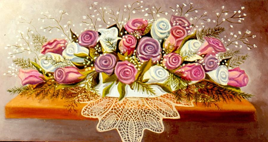 Roses With Doily On A Shelf Painting by Madeline Lovallo