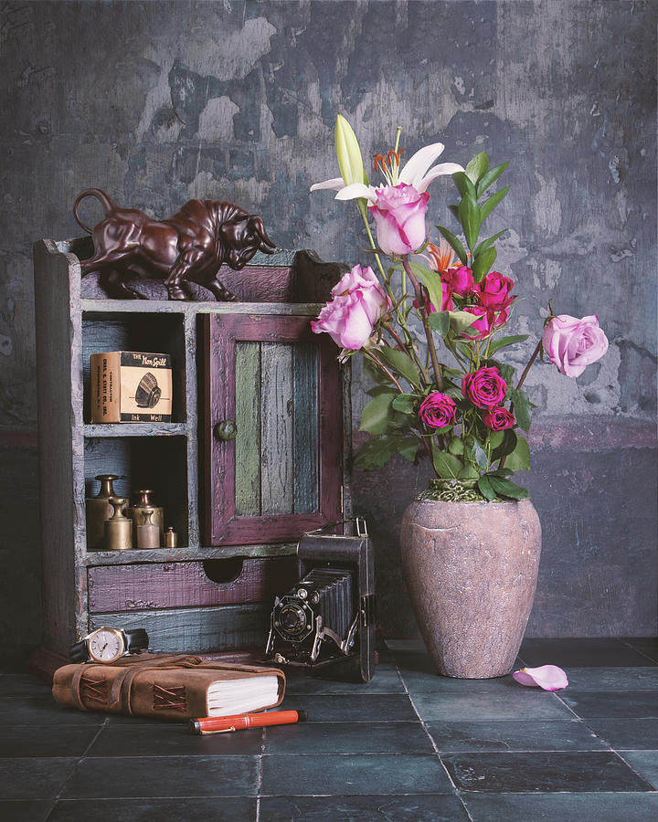 Roses with Vintage Camera Still Life Photograph by Tom Mc Nemar