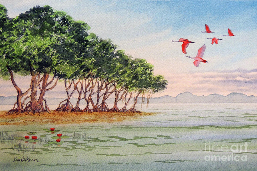 Roseate Spoonbills In The Everglades Florida Painting by Bill Holkham