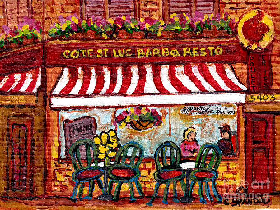 Rotisserie Cote St Luc Bar Bq Romantic Dinner Montreal Summer Street Scene C Spandau Art For Sale Painting by Carole Spandau