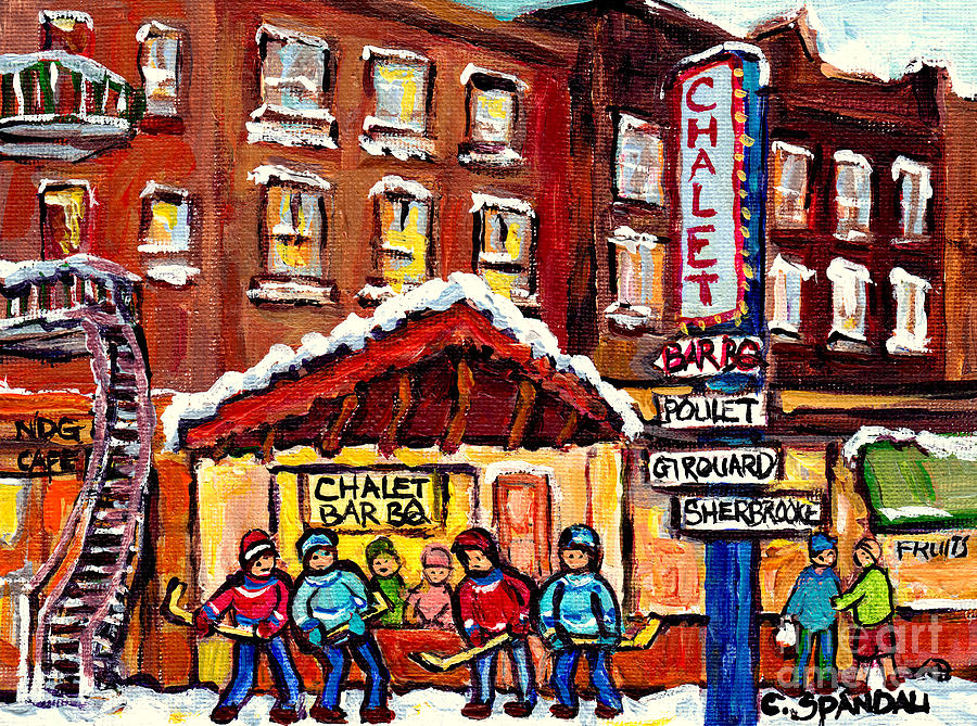 Rotisserie Poulet Chalet Bbq Ndg Landmarks Montreal Art Street Hockey Winter Scenes C Spandau Artist Painting by Carole Spandau