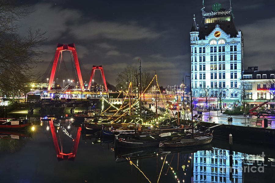 Rotterdam, Netherlands - Red Bridge and Old Harbour at Night Photograph by Carlos Alkmin