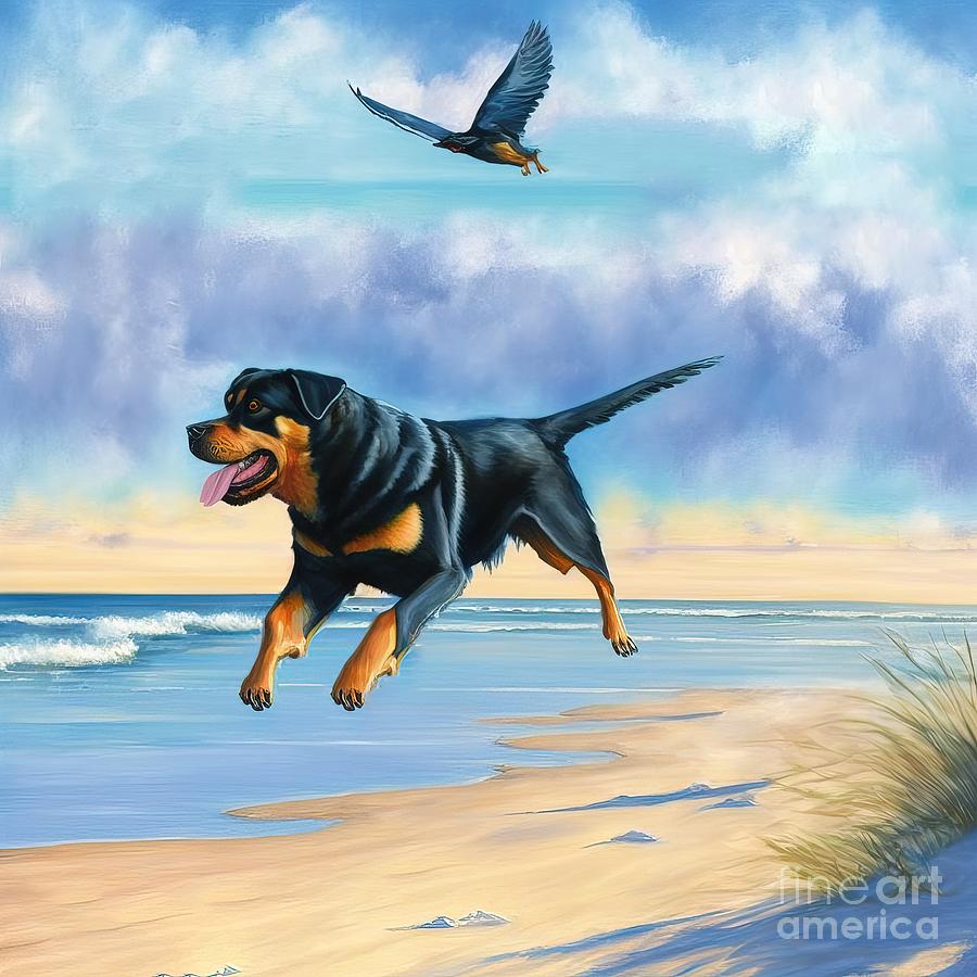 Summer Painting - Rottweiler at beach by N Akkash