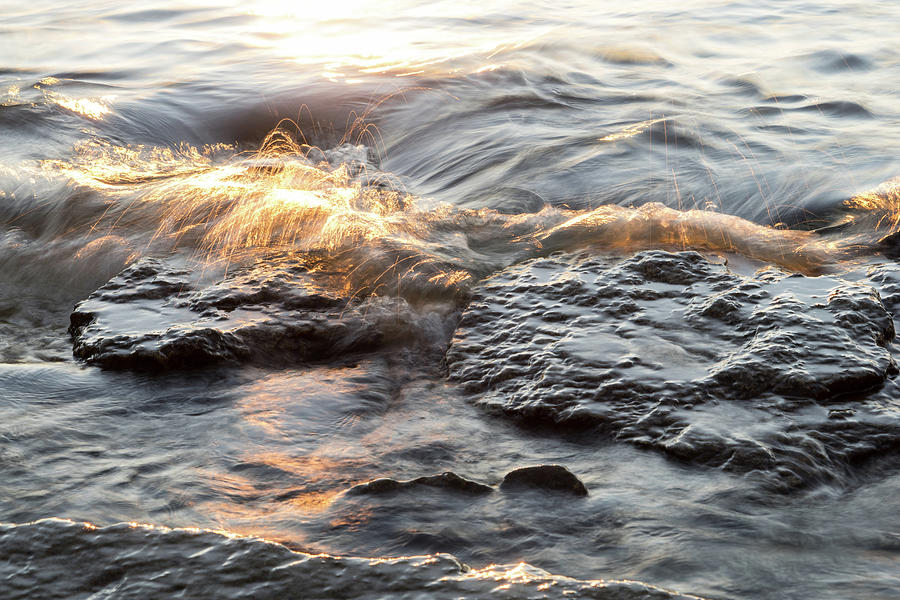 Rough and Soft - Smoky Waves and Golden Light Filaments on the Rocks Photograph by Georgia Mizuleva