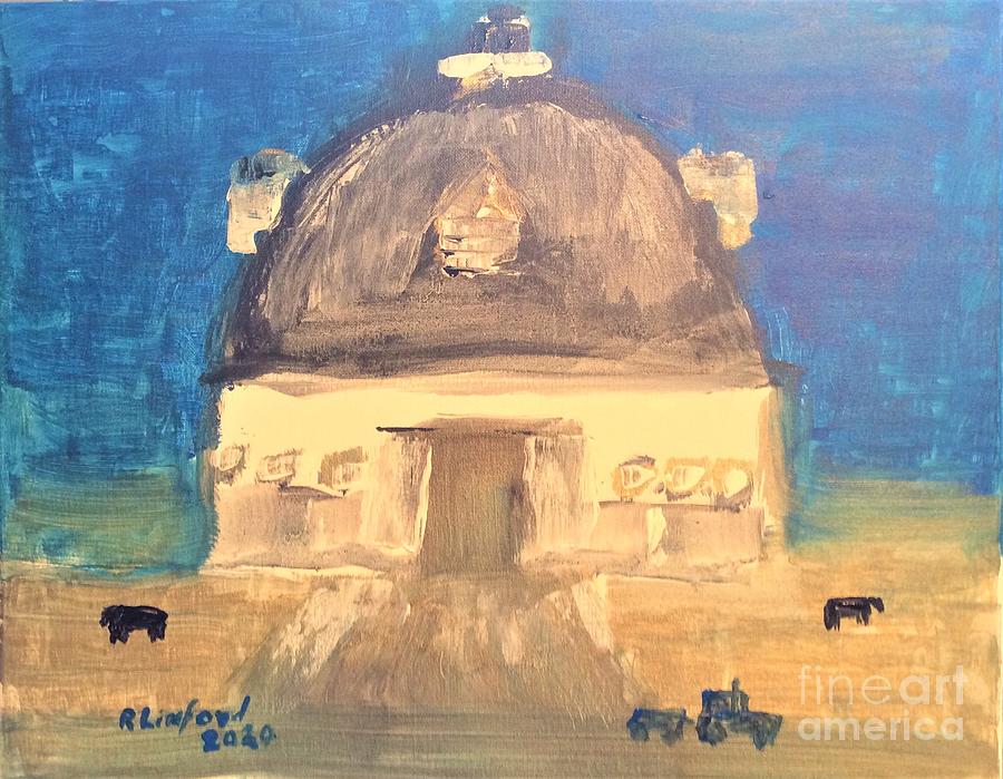 Round Barn Illinois Livingston County with two black angus cows by Richard Linford Painting by Richard W Linford