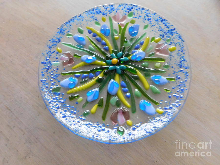 Round Flower Garden Bowl Glass Art by Joan Clear