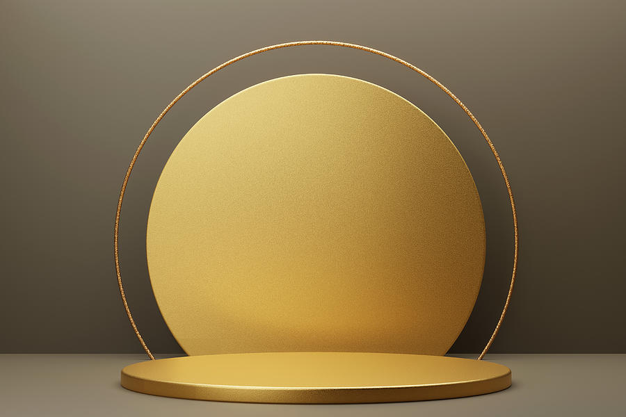 Round gold metal podium on gray background with gold circle and thin round gold border on top. Perfect platform for showing your products. Three dimensional illustration Photograph by Anna Efetova