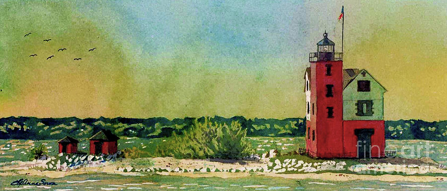 Round Island Lighthouse, Lighthouse Painting, Lighthouse Print, Mackinaw Island Painting by LeAnne Sowa