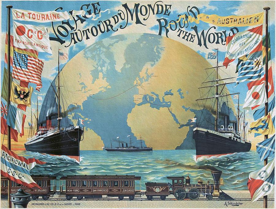Round the World 1891 Travel Poster Painting by Vincent Monozlay