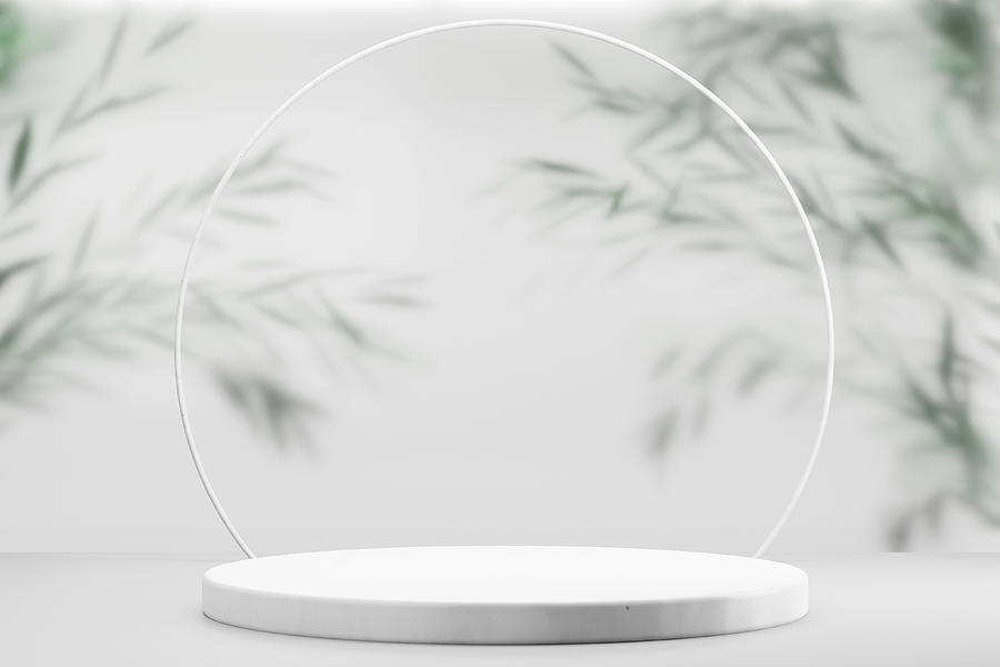 Round white ceramic podium with a thin white border on top against background with many green plant leaves behind frosted glass. Perfect platform for showing your products. Three dimensional illustration Photograph by Anna Efetova
