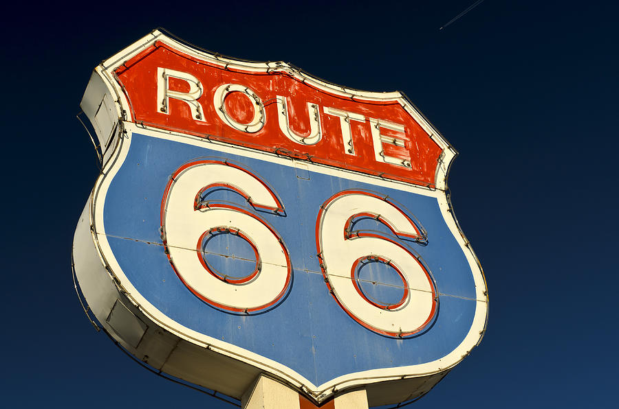 Route 66 Americana Red and Blue Neon Highway Sign Photograph by ElementalImaging