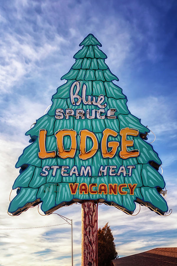 Route 66 - Blue Spruce Lodge Neon Sign - Gallup NM Photograph by Susan Rissi Tregoning