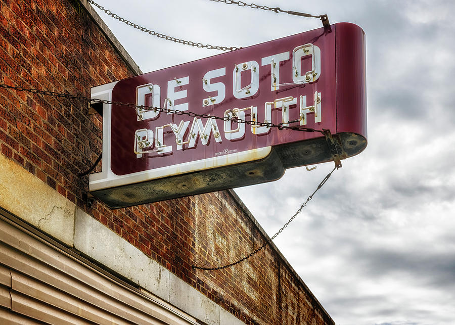 Route 66 - DeSoto Plymouth Neon Sign - Carthage MO Photograph by Susan Rissi Tregoning