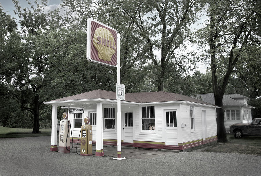 Route 66 Gas Station, Desaturated Color Version Photograph