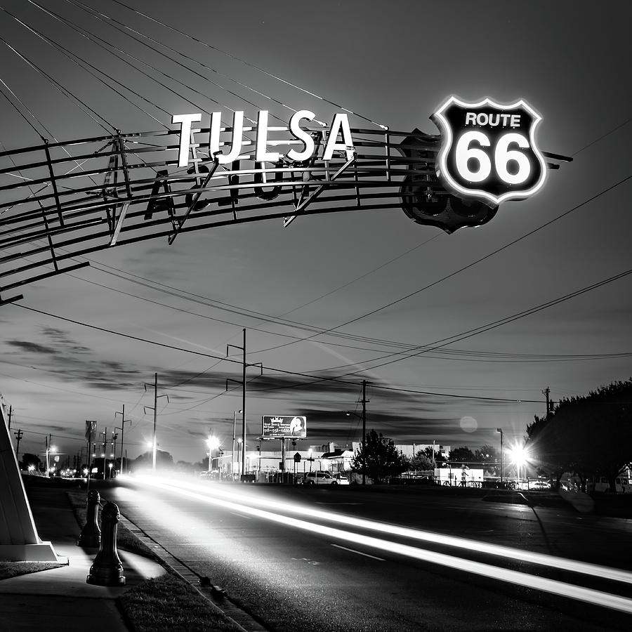 Route 66 Gateway Arch Of Tulsa Oklahoma At Sunrise - 1x1 Black And White Photograph by Gregory Ballos
