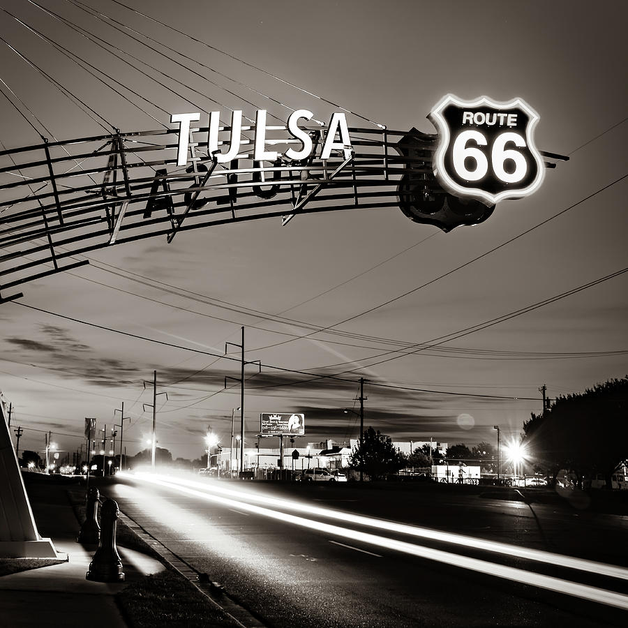 Route 66 Gateway Arch Of Tulsa Oklahoma At Sunrise - 1x1 Sepia Photograph by Gregory Ballos