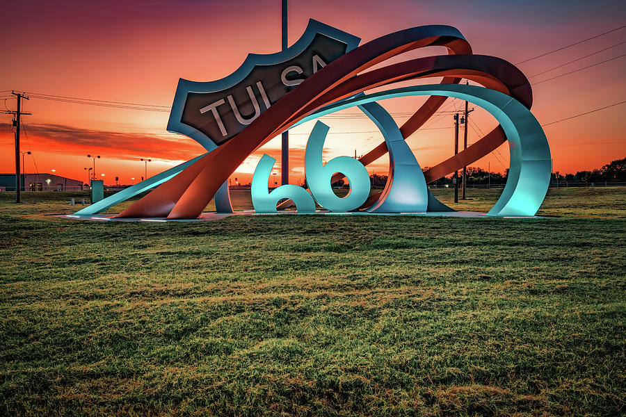 Route 66 Rising Sculpture At Sunrise - Tulsa Oklahoma Photograph by Gregory Ballos