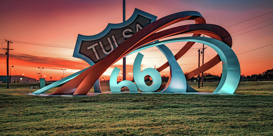 Route 66 Rising Sculpture At Sunrise - Tulsa Oklahoma Panorama Photograph by Gregory Ballos