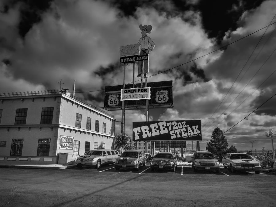 Amarillo Photograph - Route 66 - The Big Texan 002 BW by Lance Vaughn