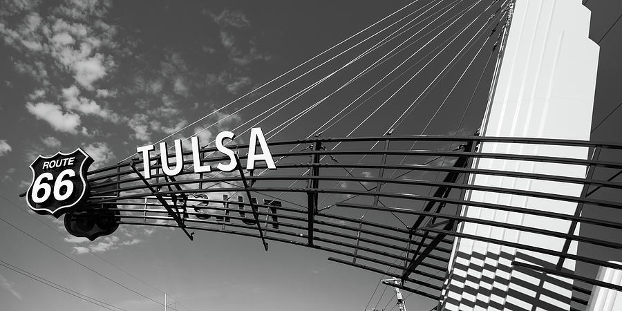 Black And White Photograph - Route 66 Tulsa Vintage Street Sign Panorama in Black and White by Gregory Ballos