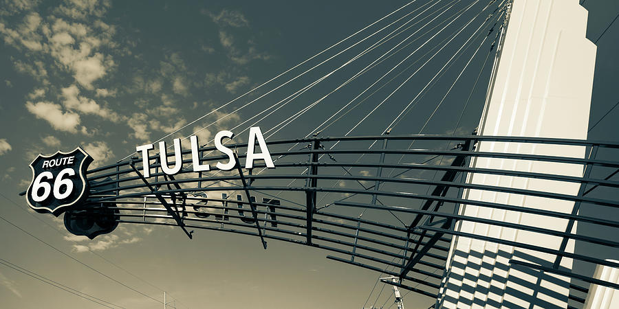 Vintage Sign Photograph - Route 66 Tulsa Vintage Street Sign Panorama in Sepia by Gregory Ballos