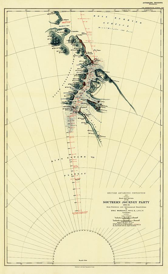 Map Drawing - Route and Surveys of the Southern Journey Party, 1909 by Royal Geographic Society England