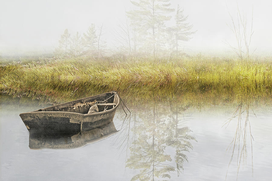 Row Boat Anchored on a Pond in the foggy Mist along a Grassy Sho Photograph by Randall Nyhof