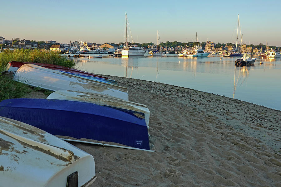 Row Boats on Oak Bluffs City Beach and Harbor at Sunrise Oak Bluffs MA Photograph by Toby McGuire