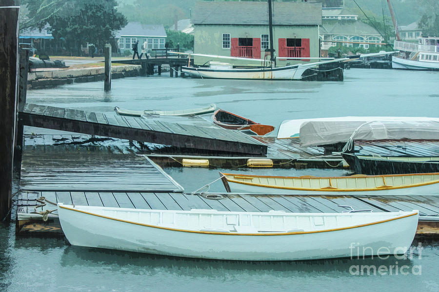 Row boats tied up in harbor on rainy day Digital Art by Susan Vineyard
