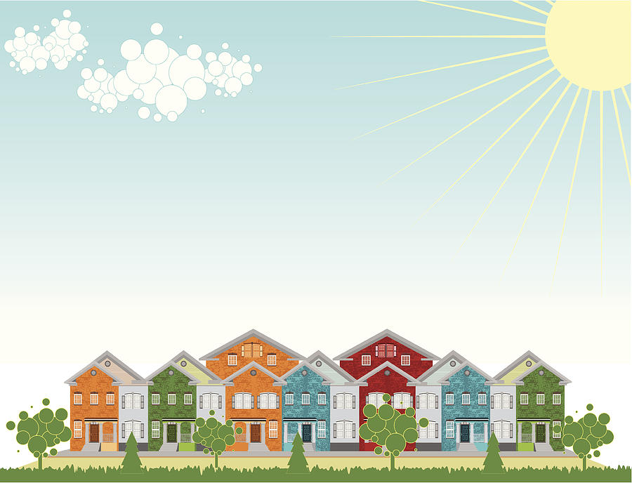 Row of Colorful Townhouses. Outdoow Setting Drawing by Suprun